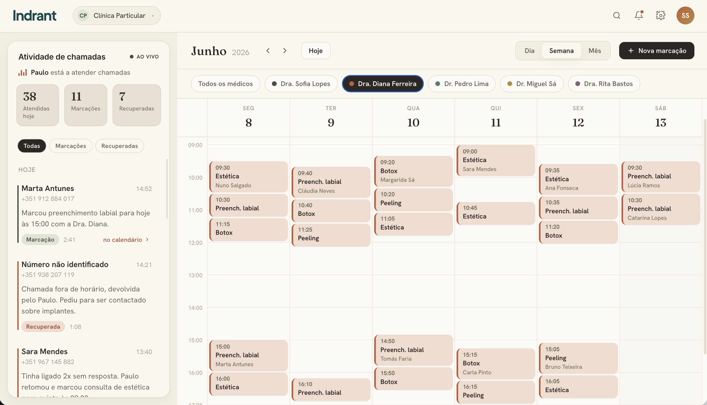 Interface de calendário Indrant — marcações e atividade de chamadas ao vivo